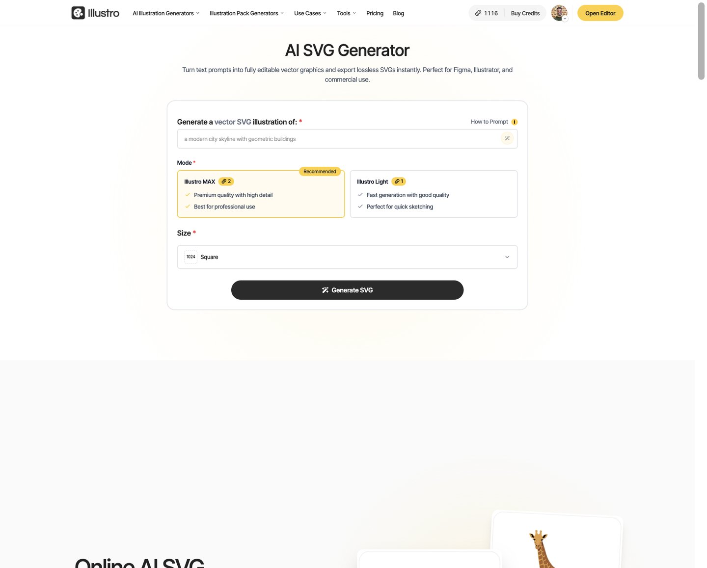 Illustro AI SVG generator landing page with prompt field, Illustro MAX and Light modes, and Generate SVG button