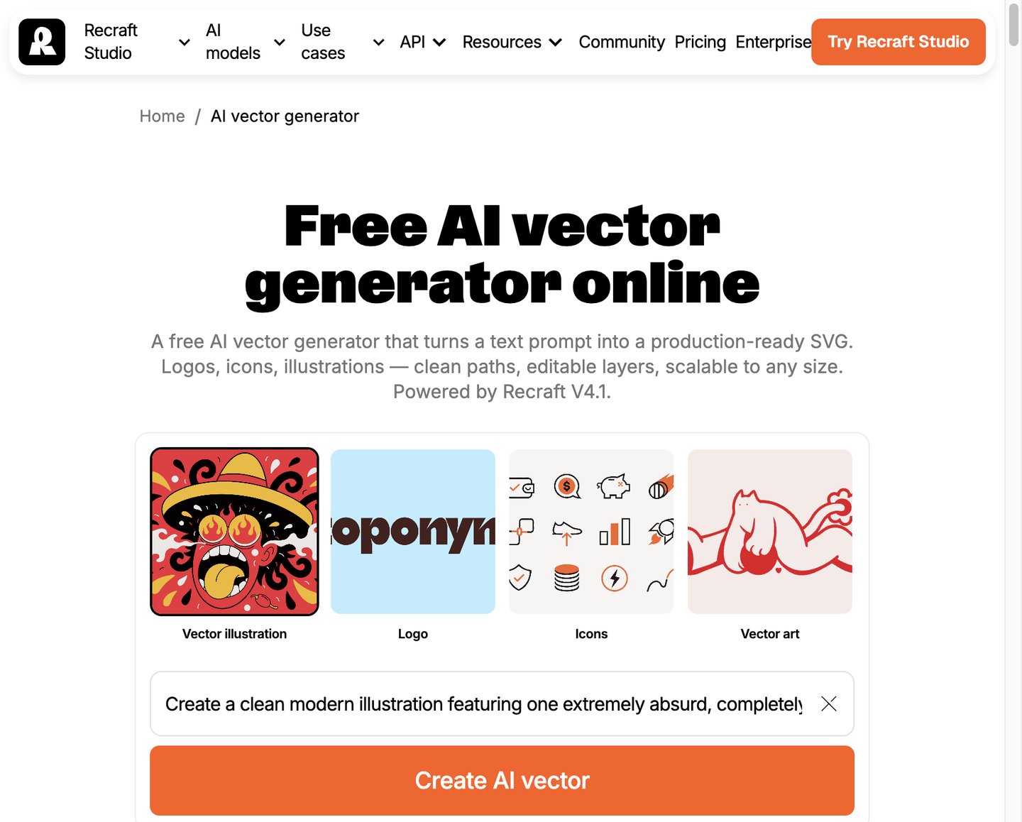 Recraft AI vector generator page with sample vectors, prompt field, and Create AI vector button