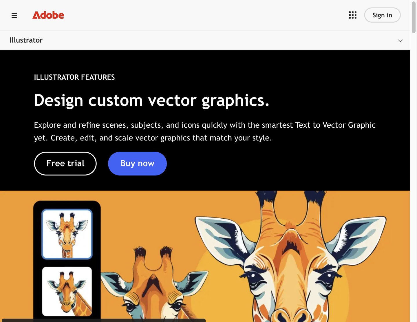 Adobe Illustrator Text to Vector Graphic page showing generated giraffe vector variants