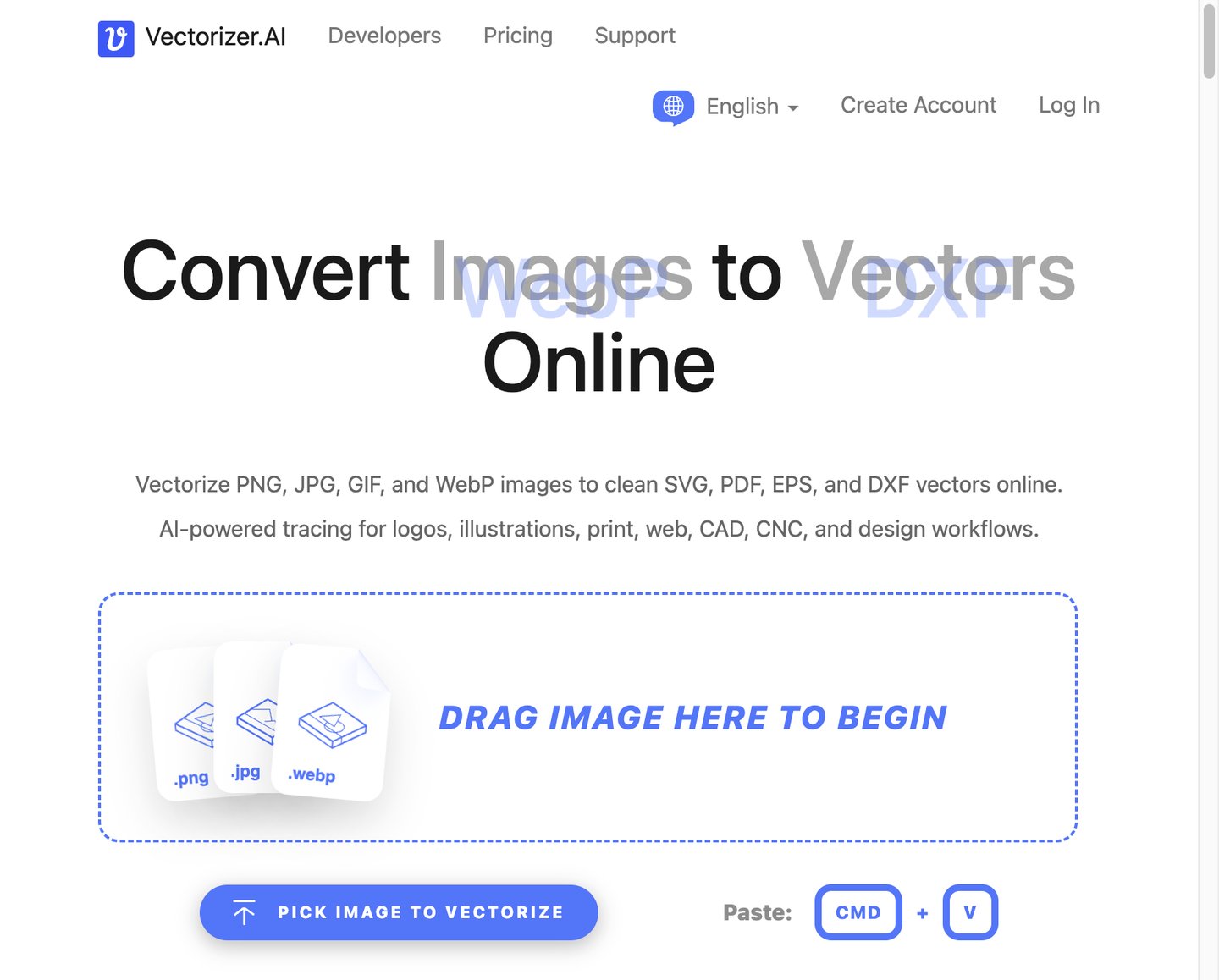 Vectorizer.AI converter with drag-and-drop upload to convert PNG, JPG, or WebP to SVG