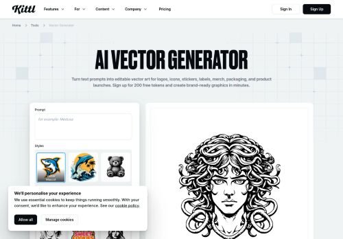 Kittl AI Vector Generator with prompt box, style presets, and a generated Medusa illustration