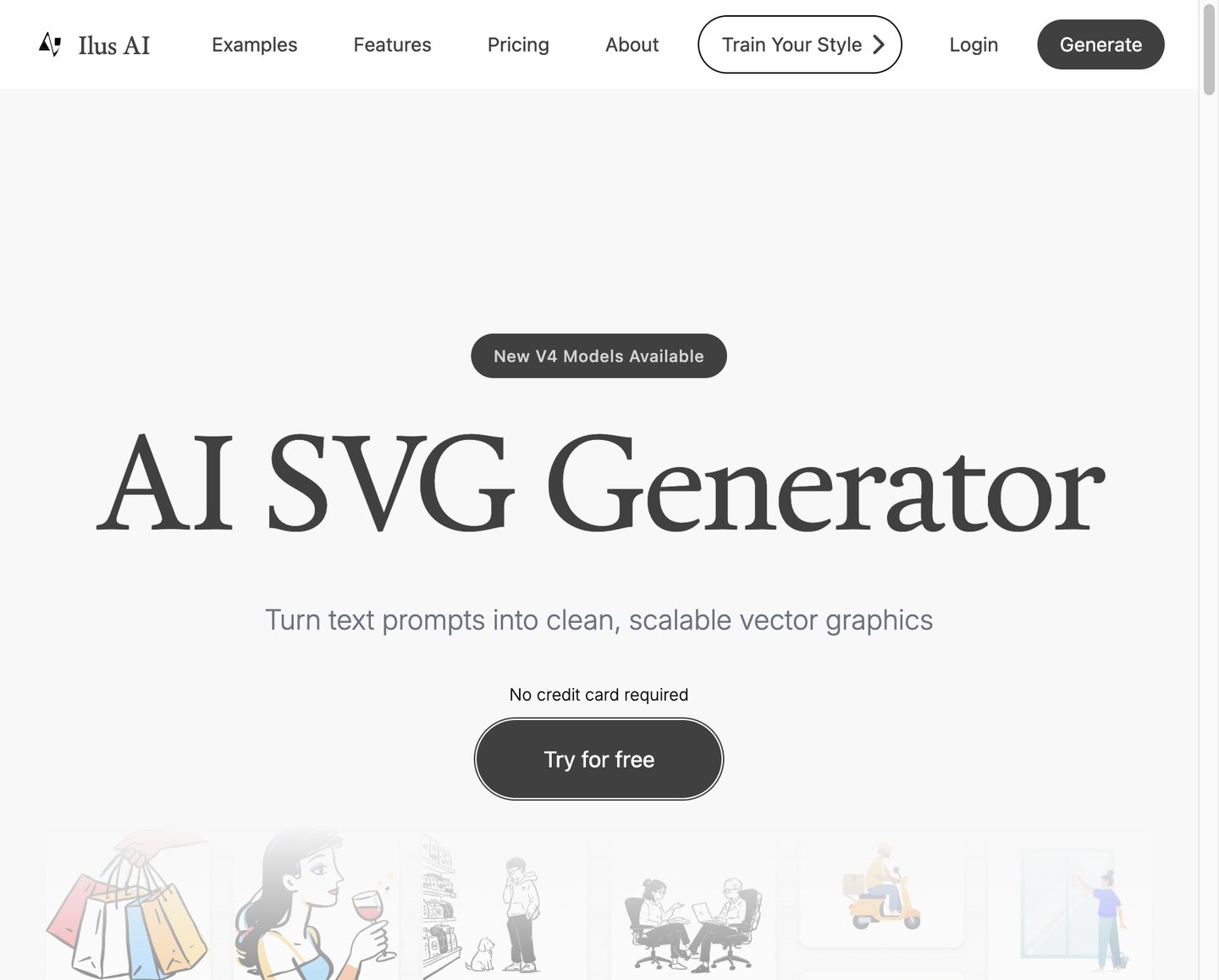 Ilus AI SVG Generator landing page with Try for free and sample SVG illustrations