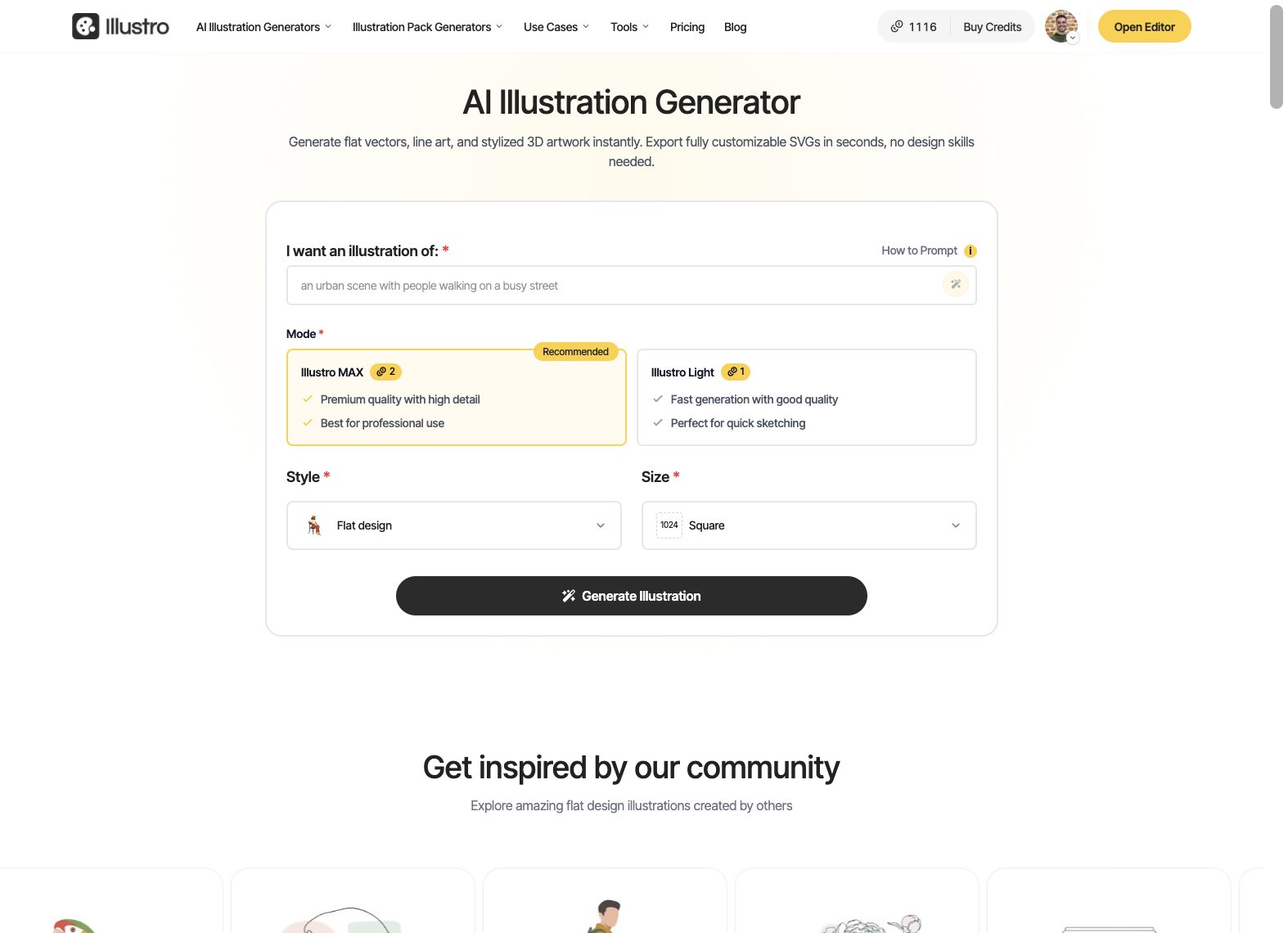 Illustro AI illustration generator landing page with prompt field, Illustro MAX and Light modes, style picker, and Generate Illustration button