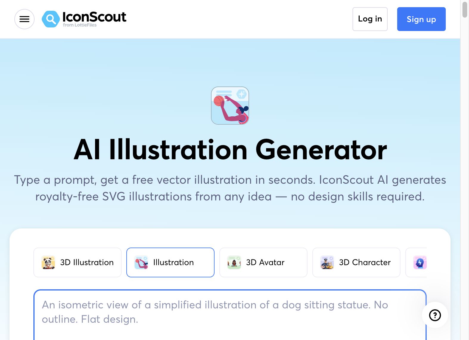 IconScout AI Illustration Generator landing page with prompt field and Generate button