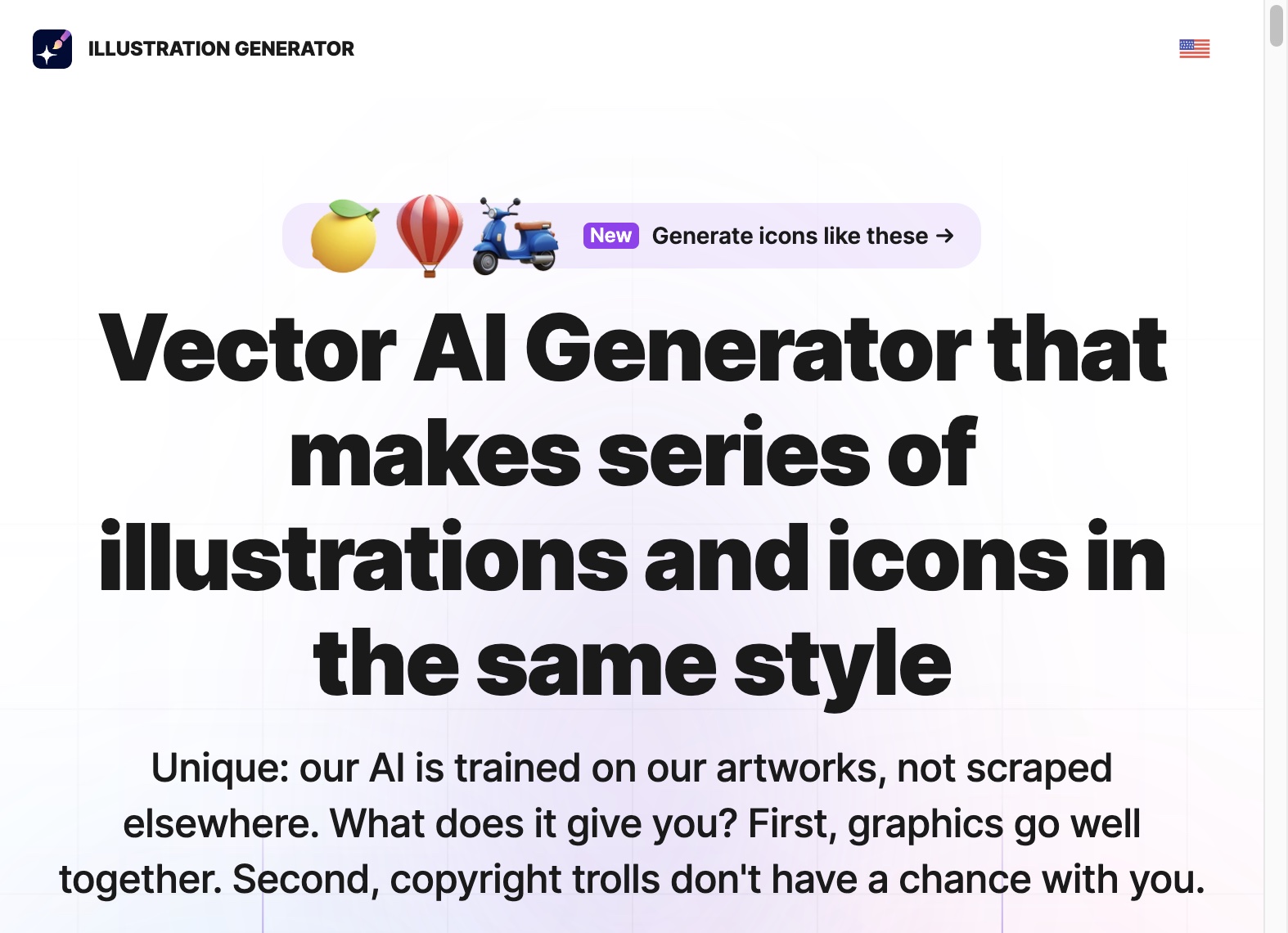 Icons8 Illustration Generator landing page with Vector AI Generator headline