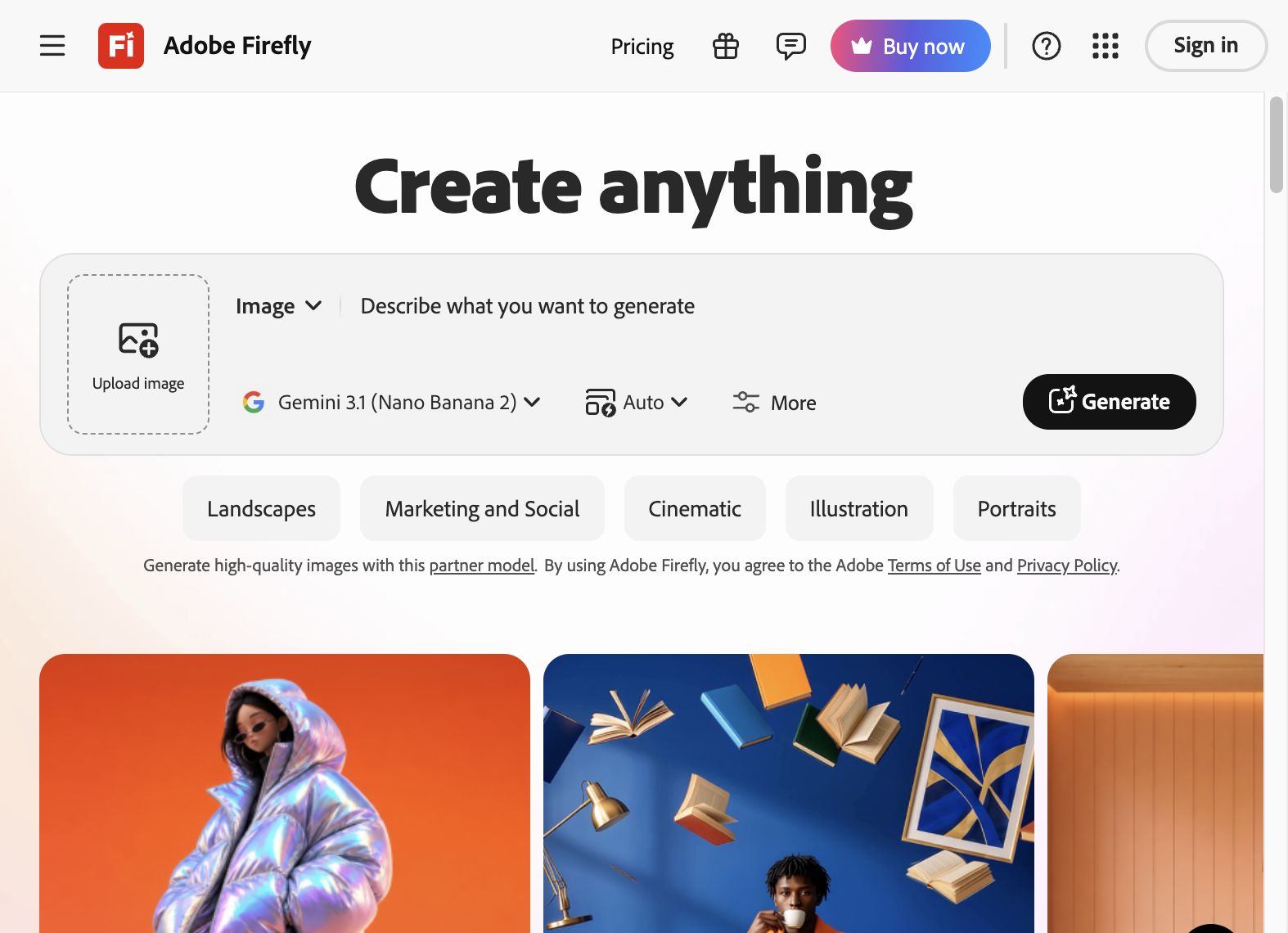 Adobe Firefly landing page with Create anything prompt field and Generate button