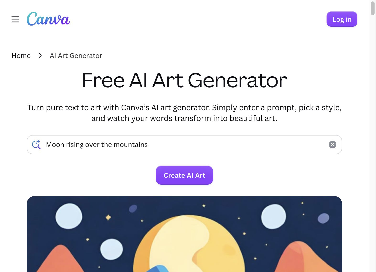 Canva Free AI Art Generator landing page with prompt field and Create AI Art button