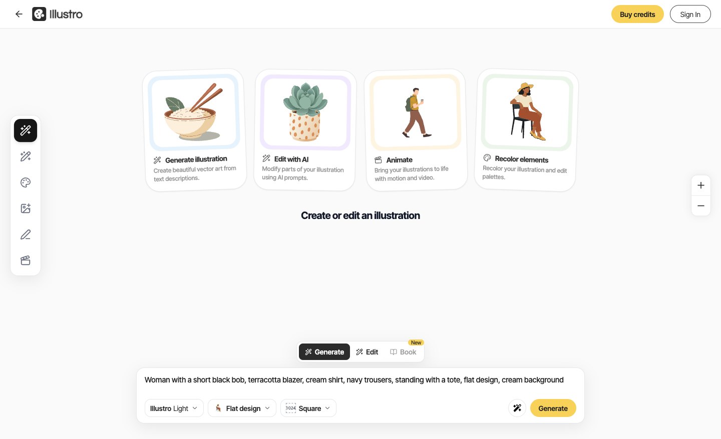 Illustro editor on Generate. The prompt describes a woman in a terracotta blazer, with Flat design selected.