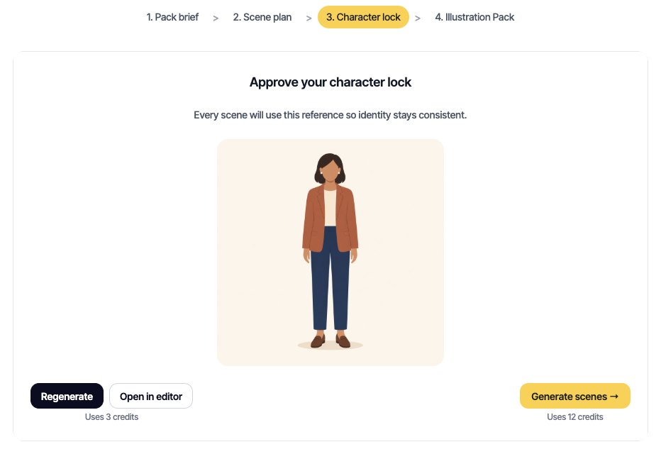Character lock step. Approve the sheet, then Regenerate or Generate scenes.