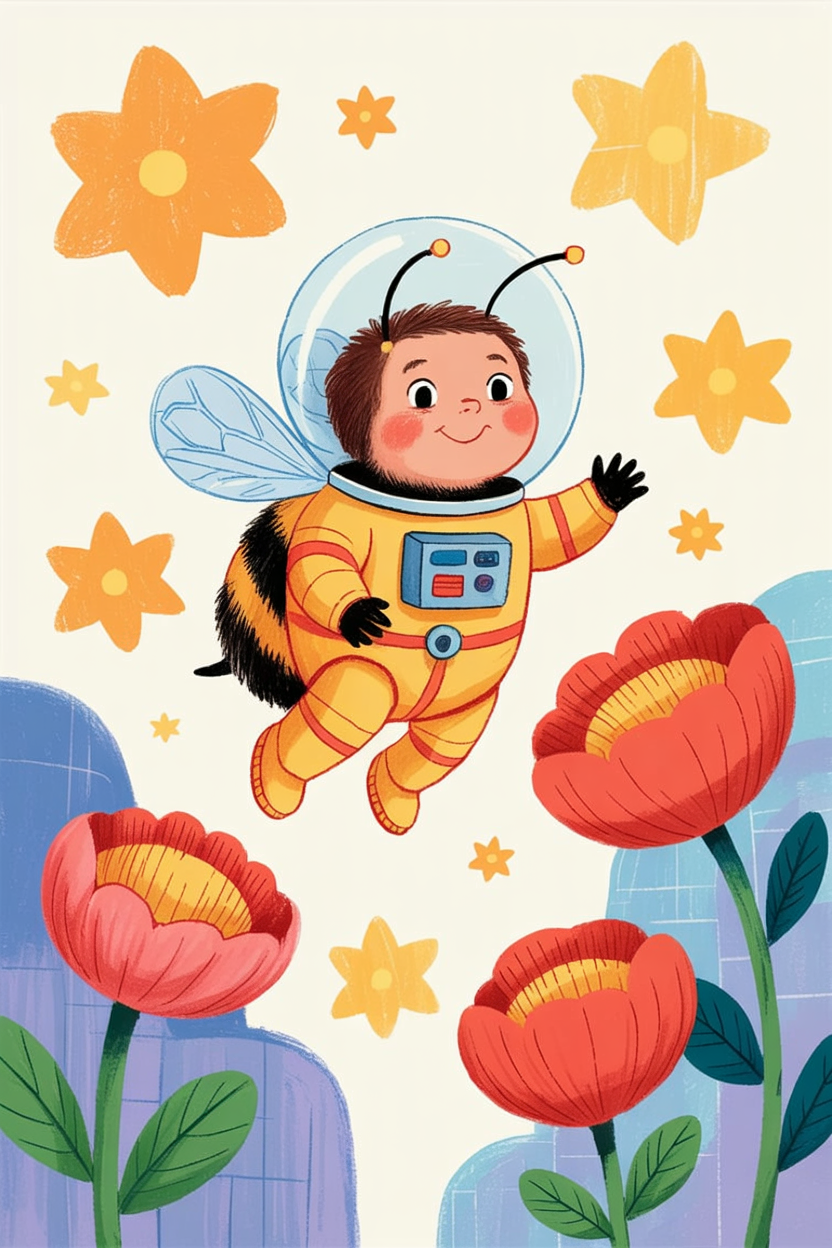 Children's book illustration of a bee astronaut