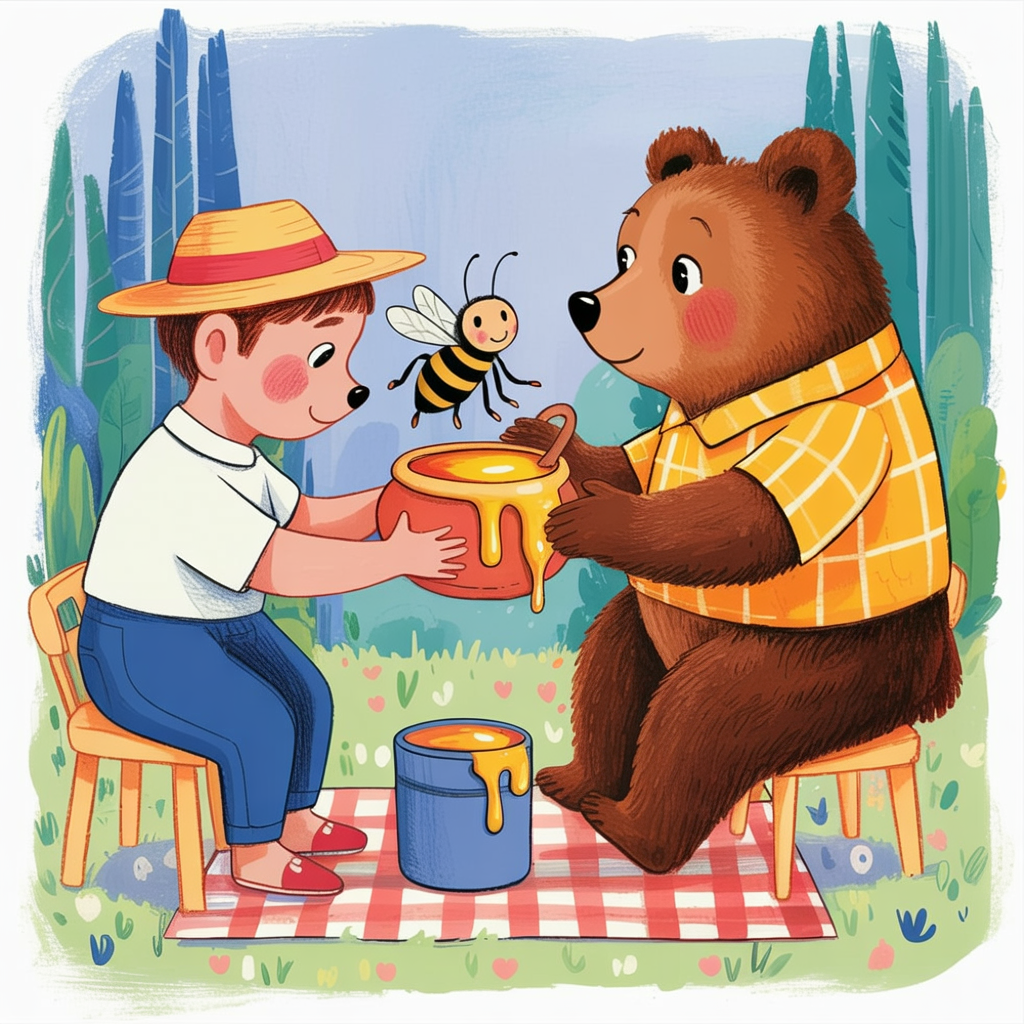 Children's book illustration of a bear and bee sharing honey