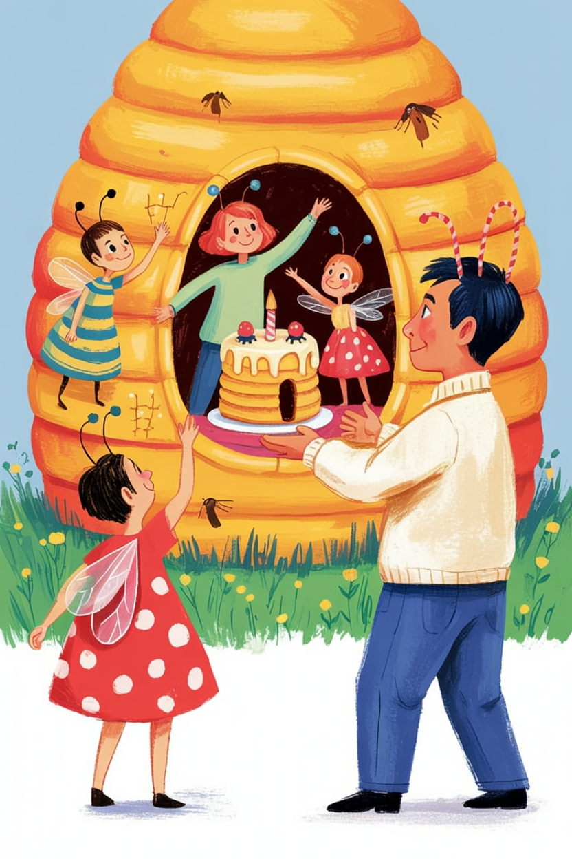 Children's book illustration of a bee birthday party