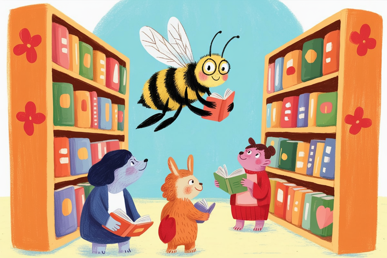 Children's book illustration of a bee librarian