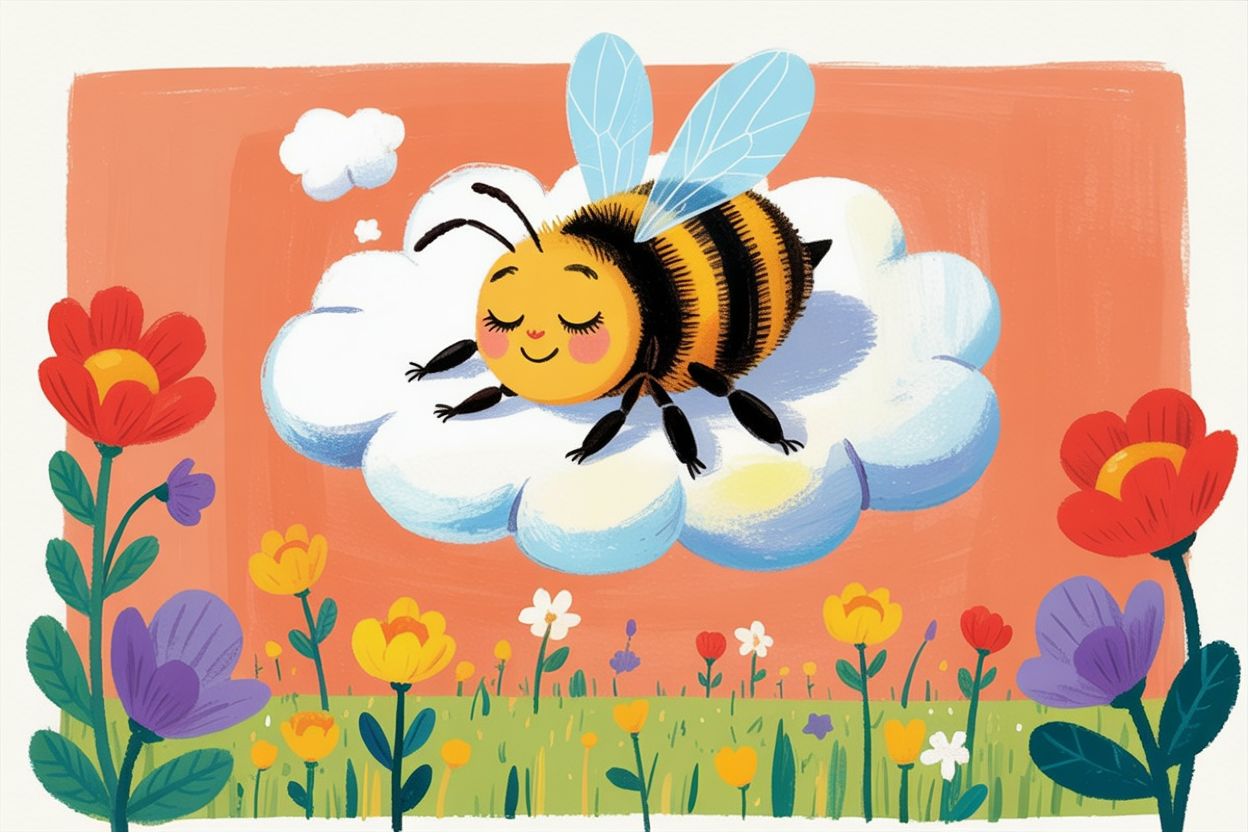 Children's book illustration of a bee sleeping on a cloud