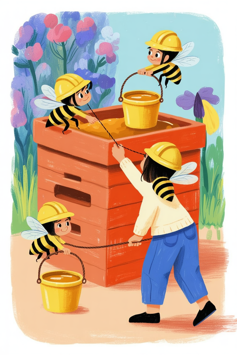 Children's book illustration of bees harvesting honey