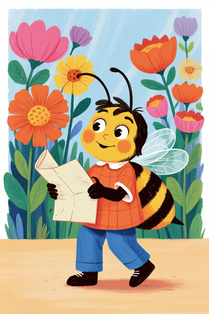 Children's book illustration of a bee on a honey quest