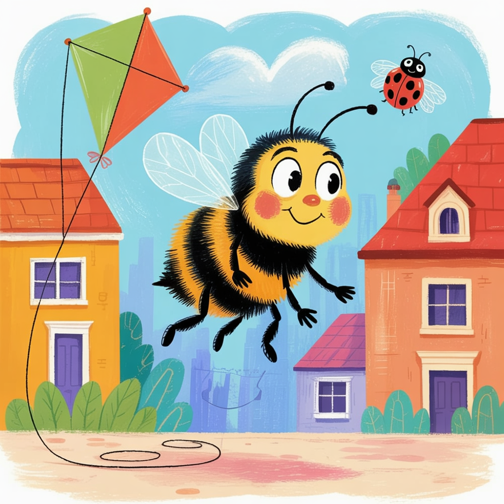 Children's book illustration of a bee with a kite