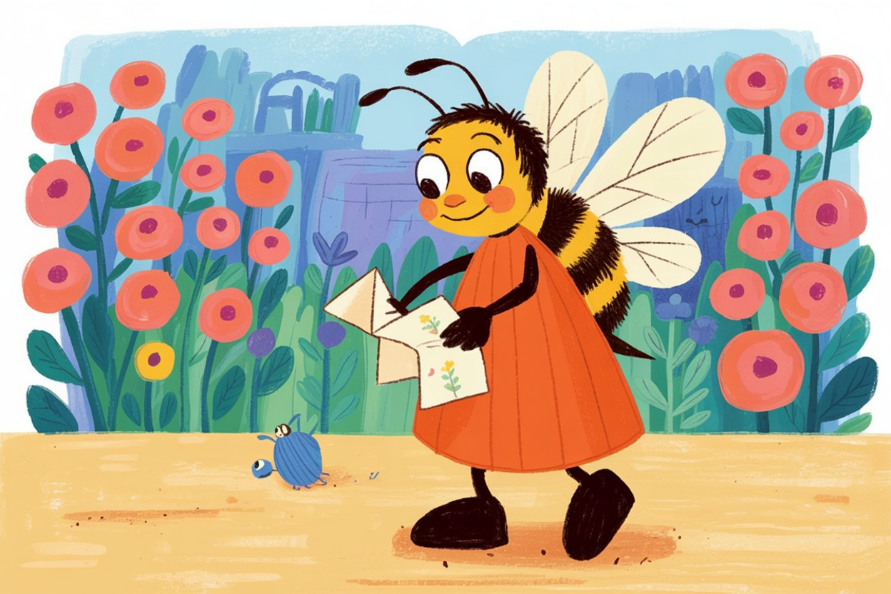 Children's book illustration of a lost bee with a map