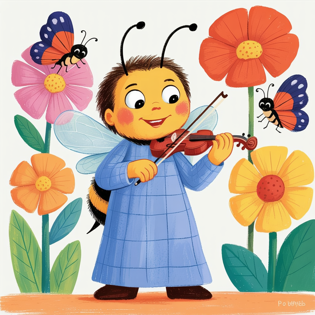 Children's book illustration of a bee playing violin