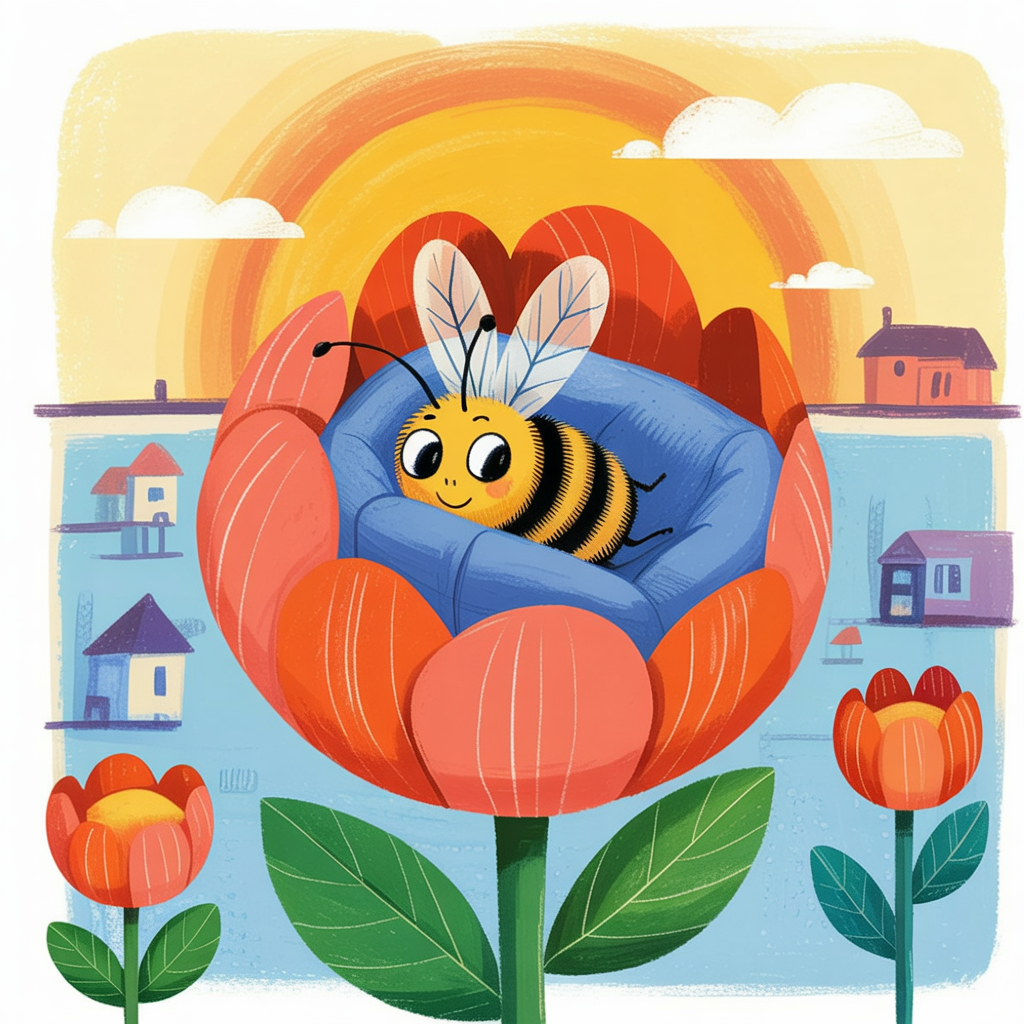 Children's book illustration of a bee sleeping in a flower