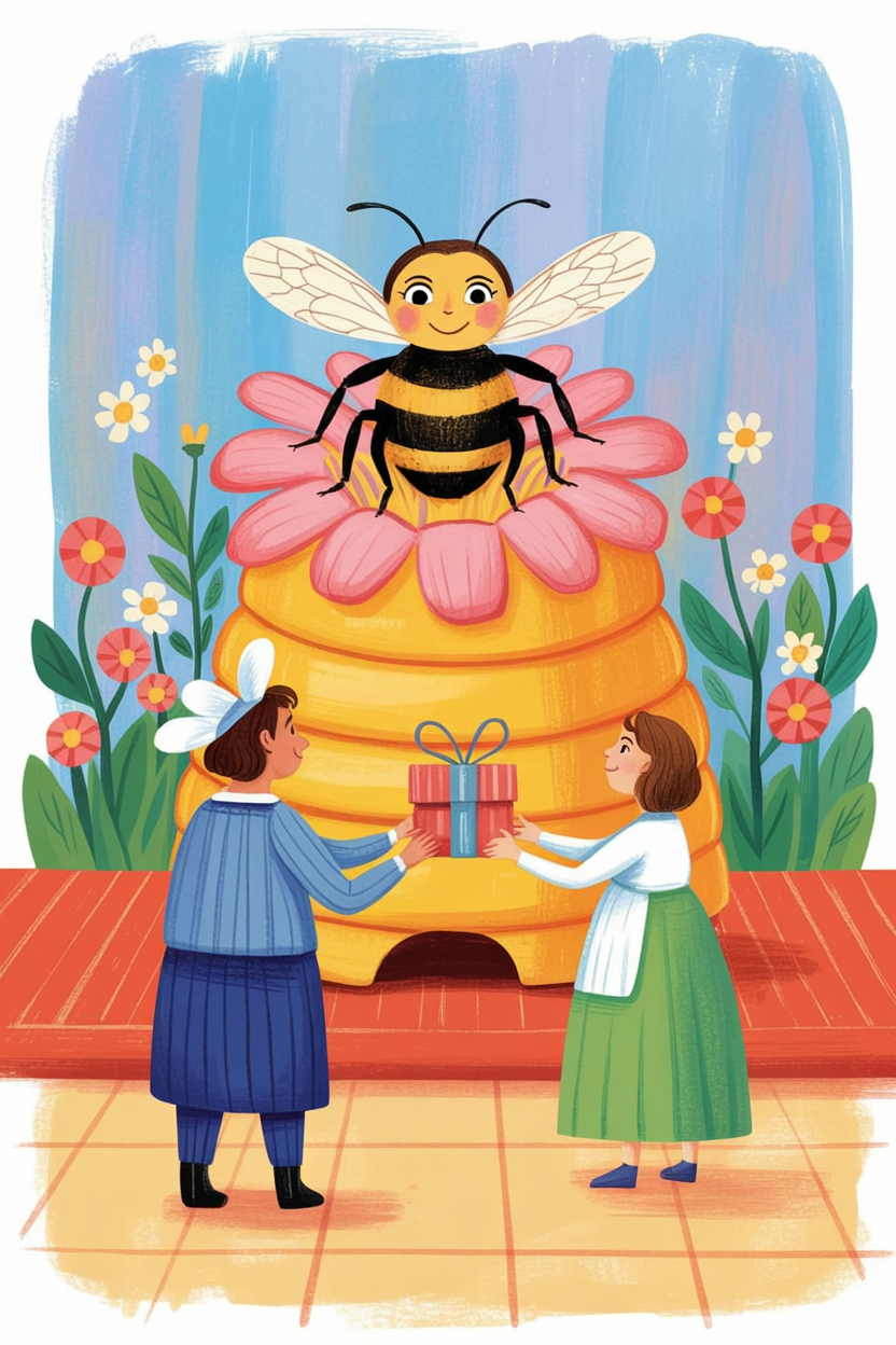 Children's book illustration of a bee queen