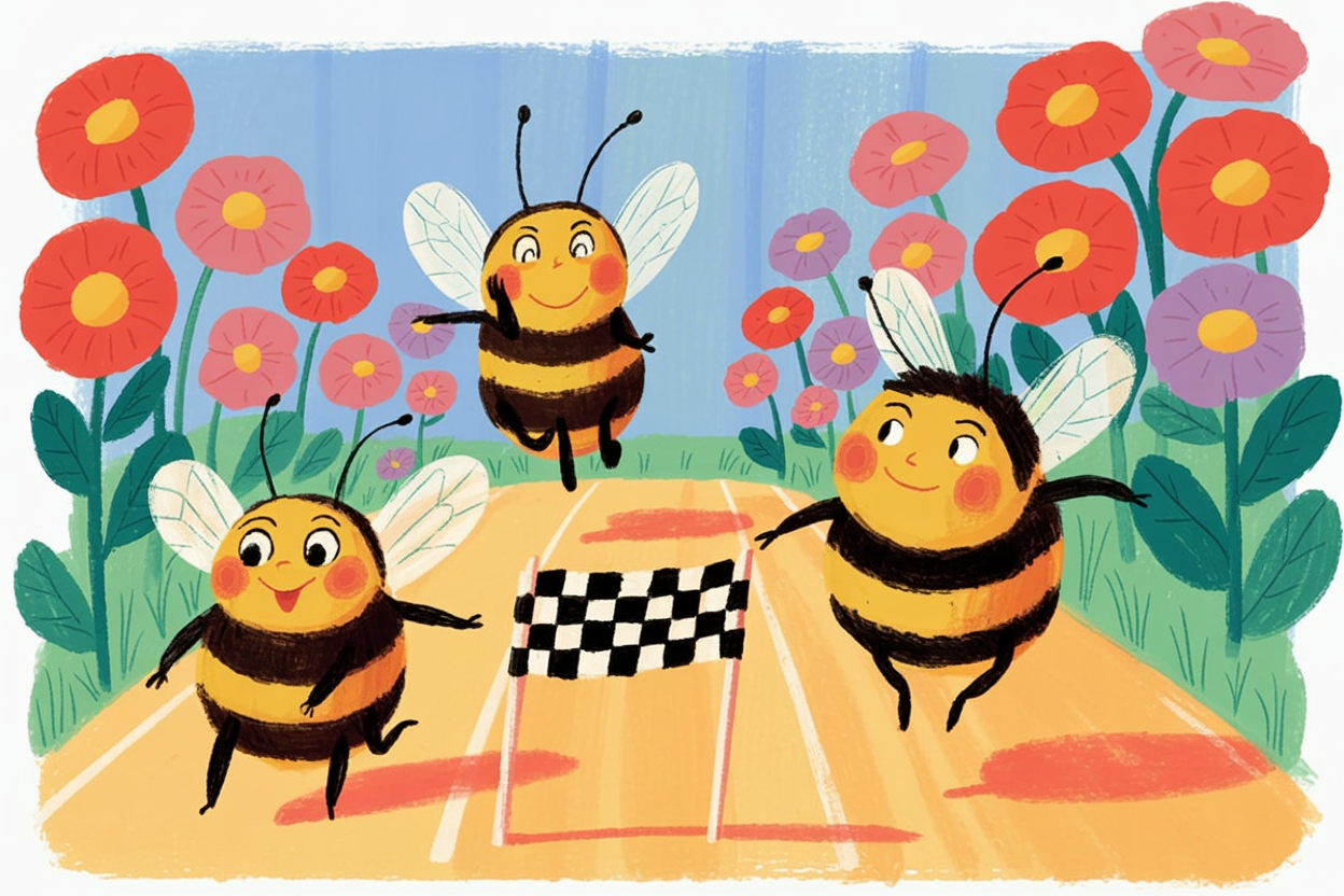 Children's book illustration of bees racing