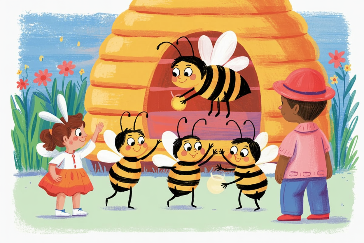 Children's book illustration of a bee school