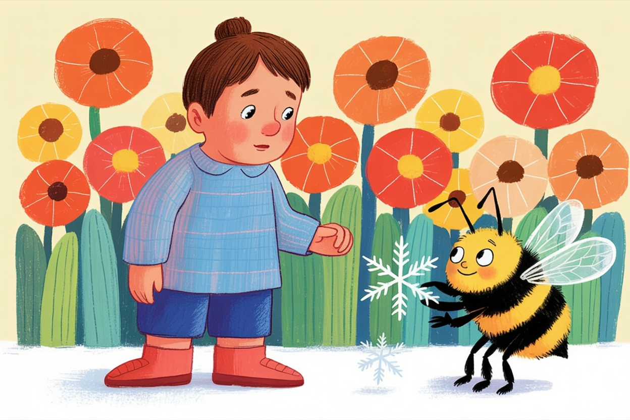 Children's book illustration of a bee in the first snow