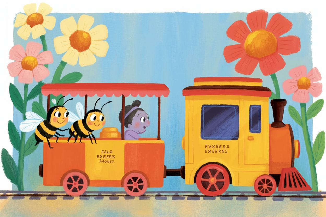 Children's book illustration of a bee train