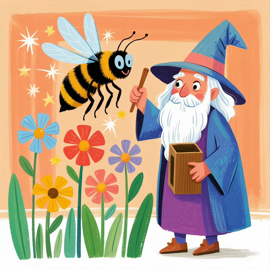 Children's book illustration of a bee wizard
