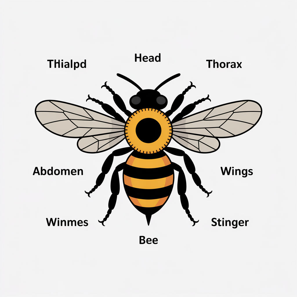 Flat vector illustration of a bee anatomy diagram