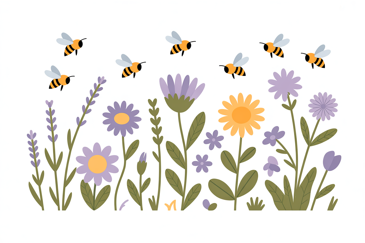 Flat vector illustration of bees in a cottage garden