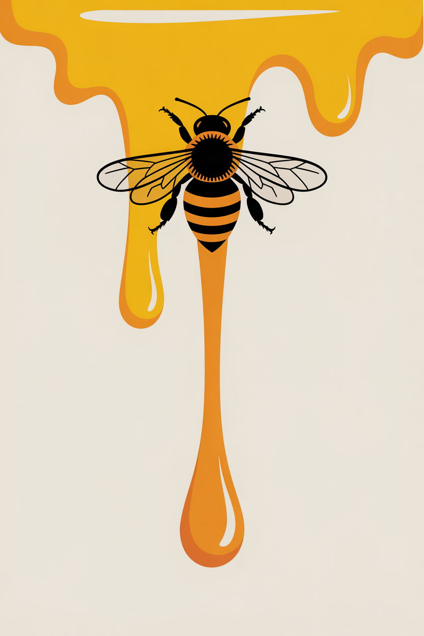 Flat vector illustration of a bee on a honey drip