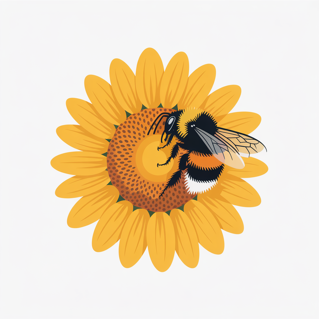 Flat vector illustration of a bee on a sunflower