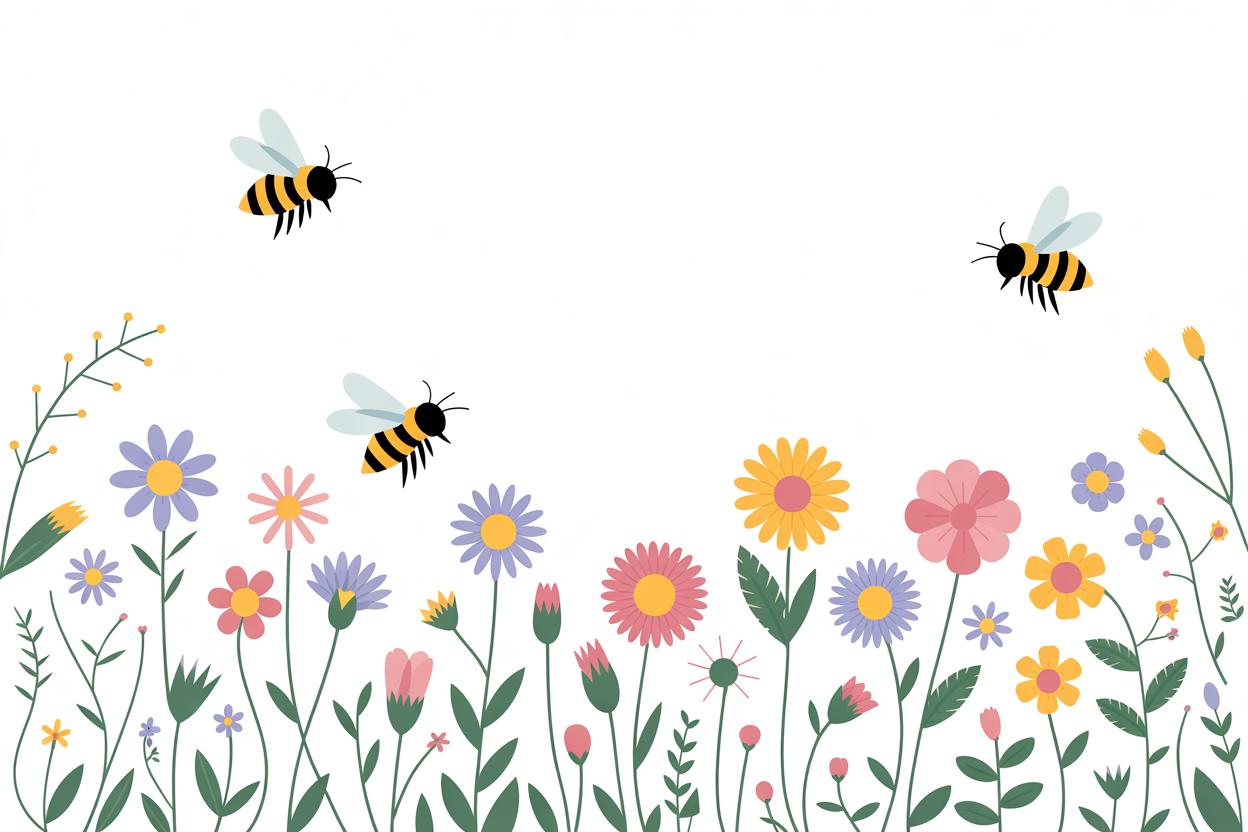 Flat vector illustration of bees over a meadow