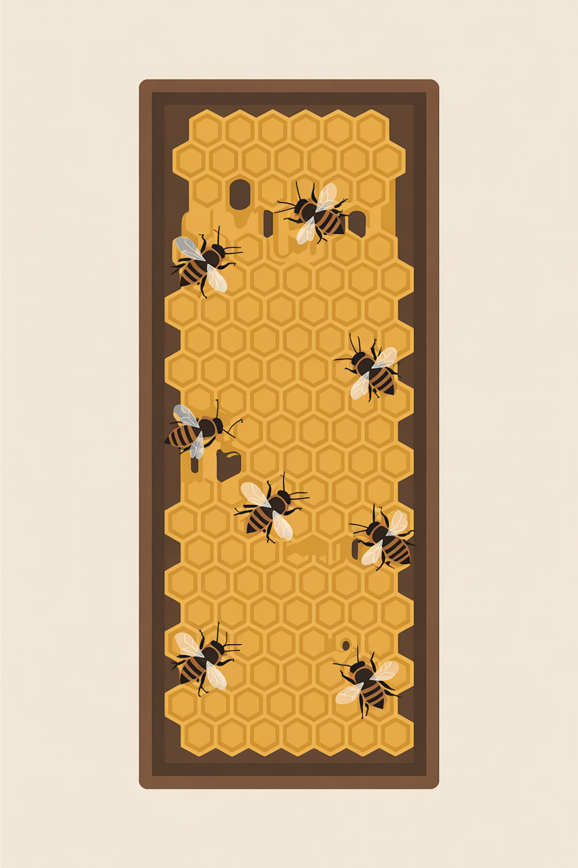 Flat vector illustration of a honeycomb frame with bees