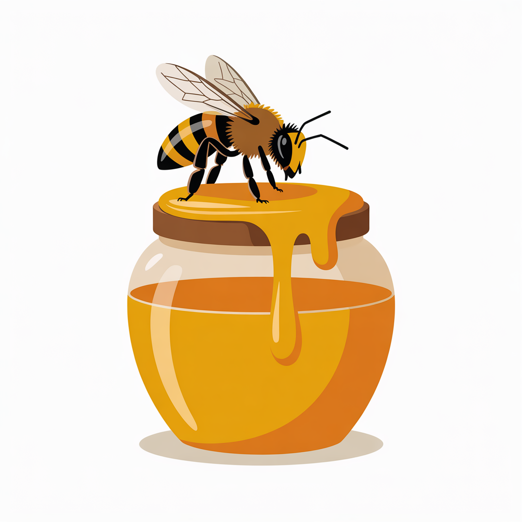 Flat vector illustration of a bee with a honey jar