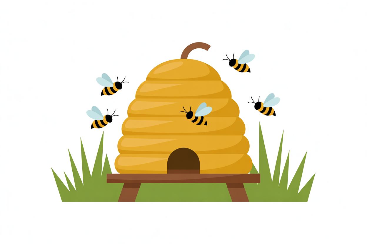 Flat vector illustration of a beehive with bees
