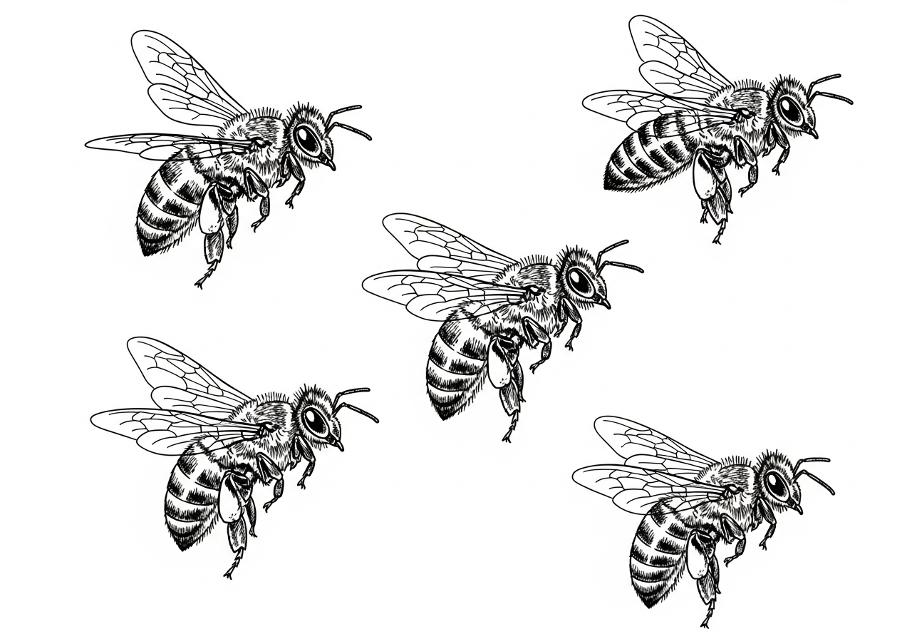 Line art illustration of a bee in flight