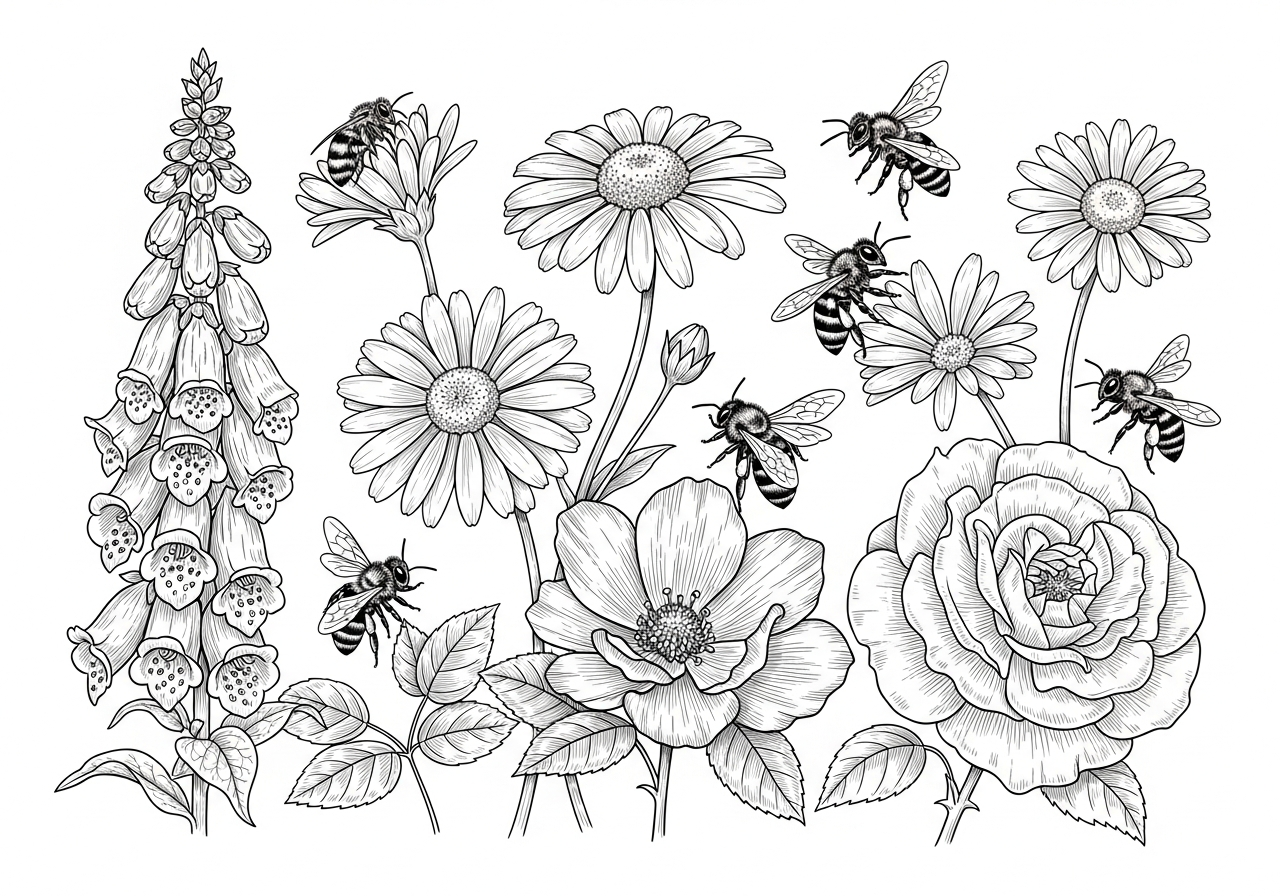 Line art illustration of bees in a garden