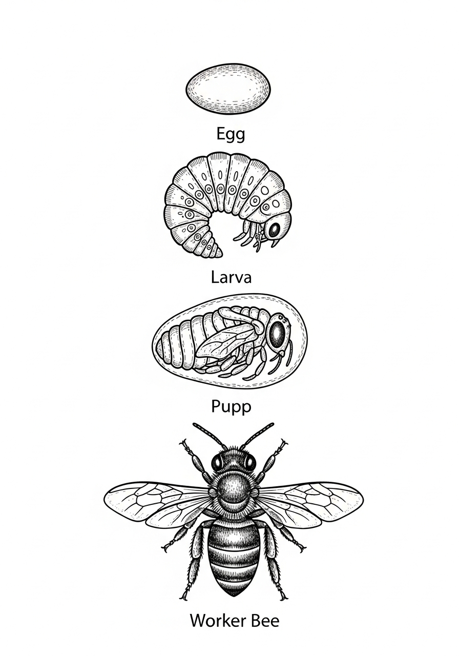Line art illustration of a bee lifecycle