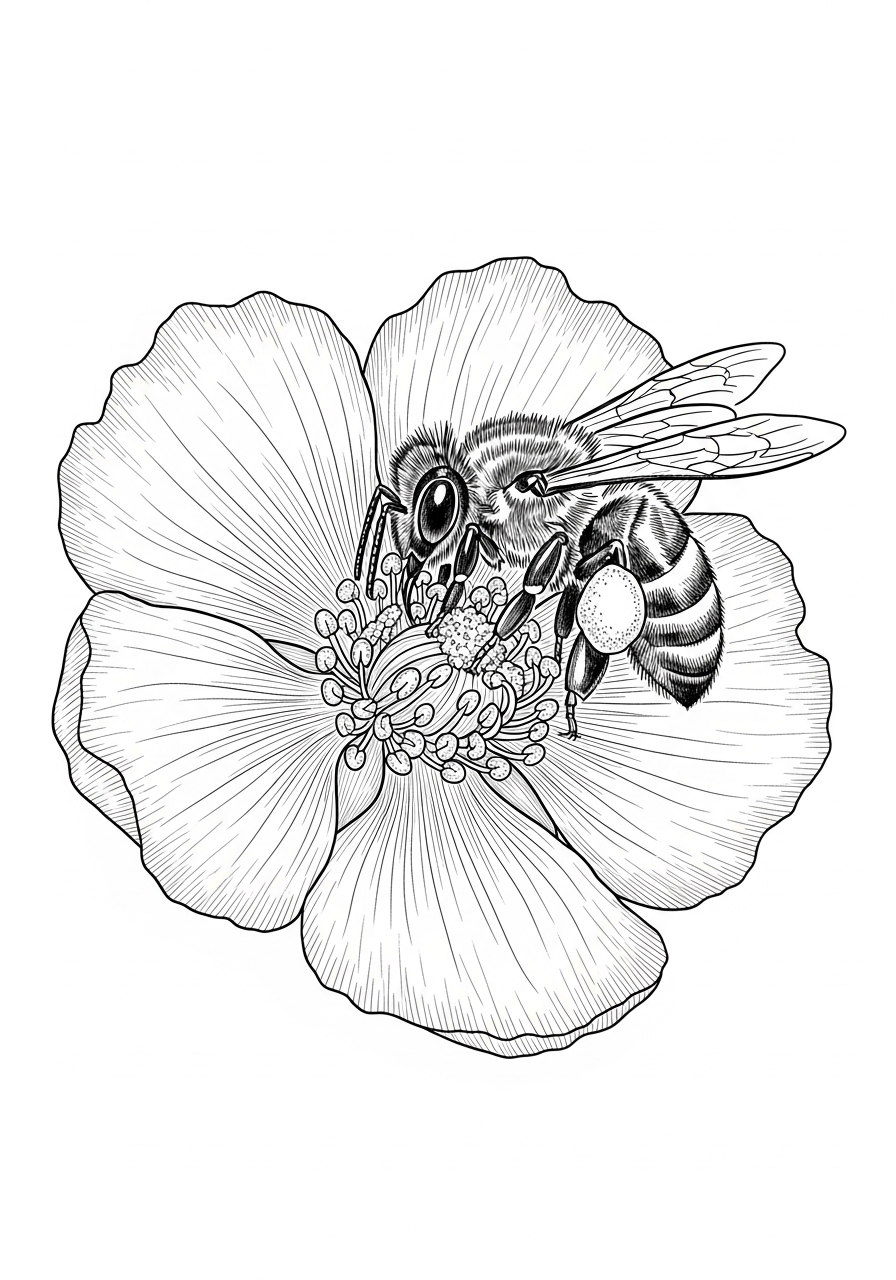 Line art illustration of a bee foraging on a flower