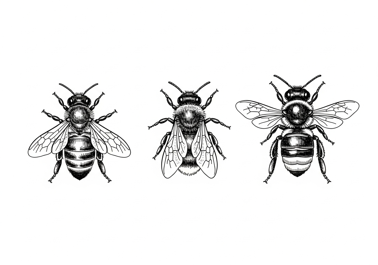 Line art illustration of three bee species