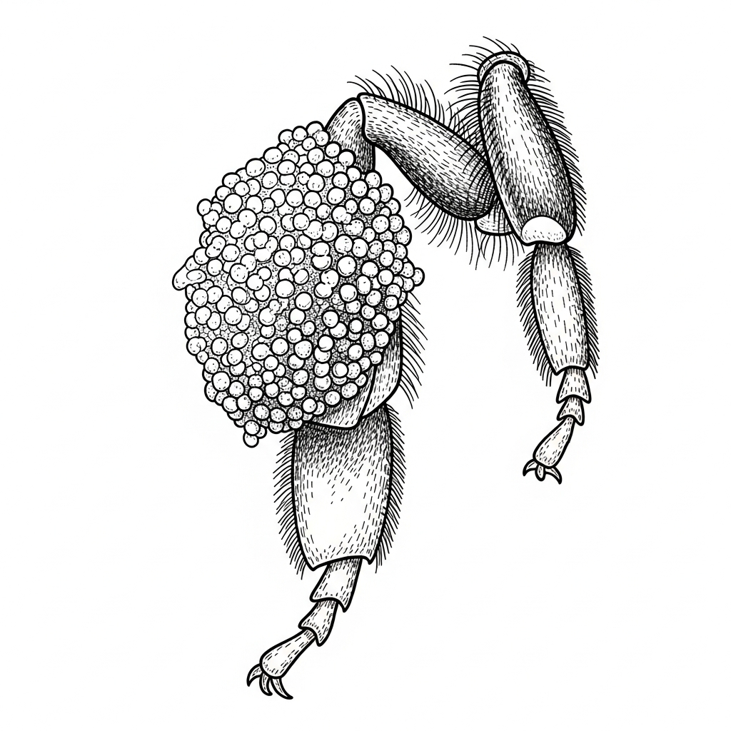 Line art illustration of a bee with pollen
