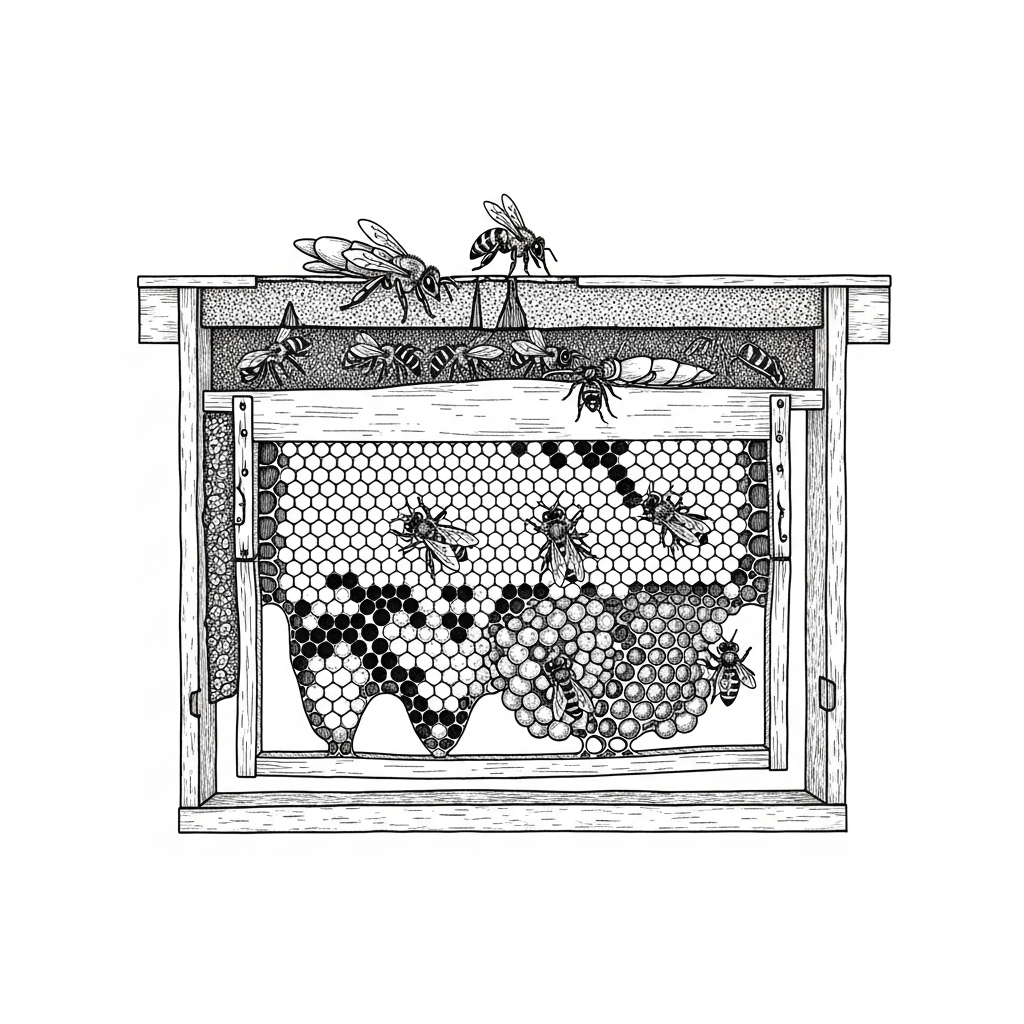 Line art illustration of a beehive cross-section