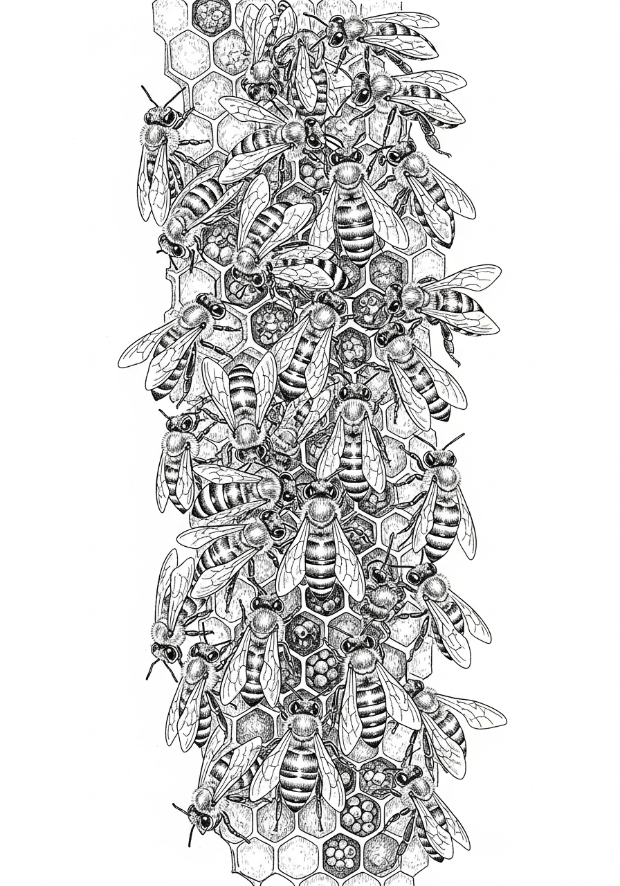 Line art illustration of bees on honeycomb