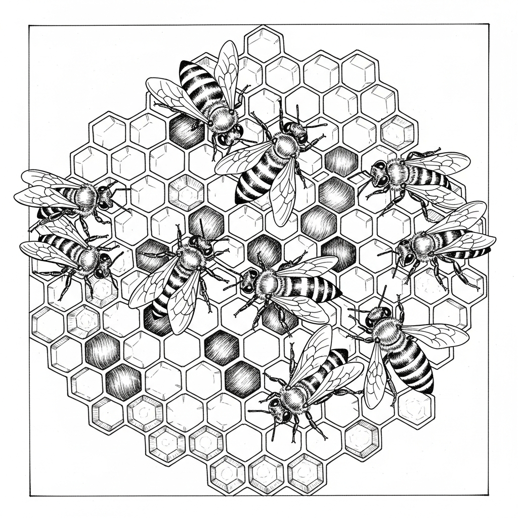 Line art illustration of a honeycomb