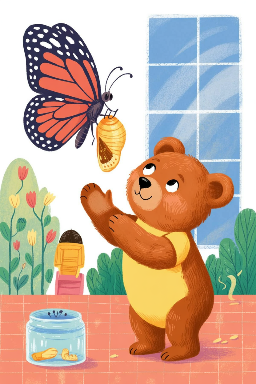 Children's book illustration of a bear watching a butterfly emerge