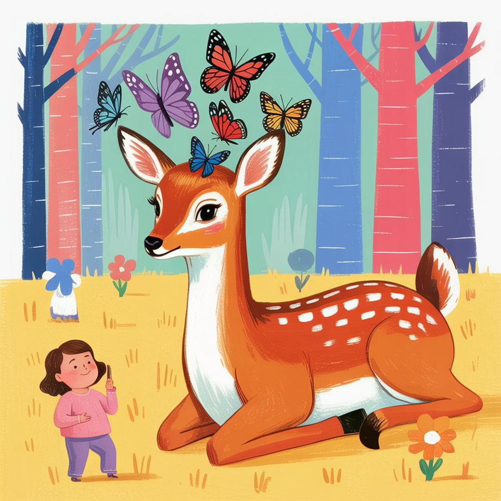 Children's book illustration of a deer with a butterfly crown