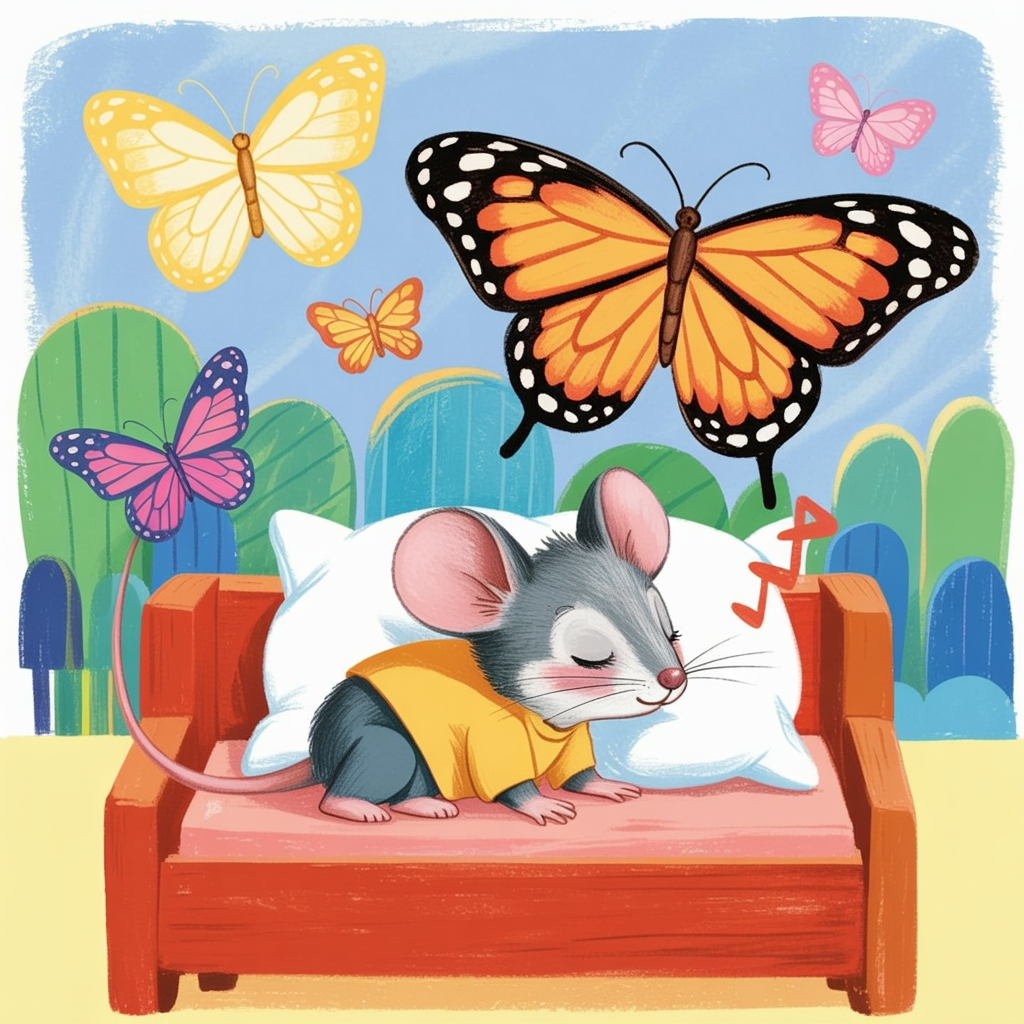 Children's book illustration of a mouse dreaming of butterflies